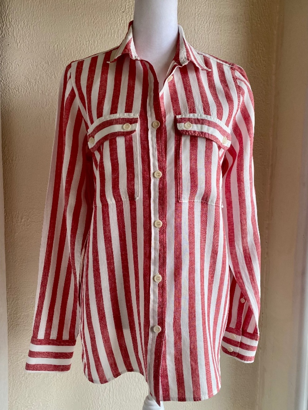 J. Crew red and white striped linen button-down top Size 6